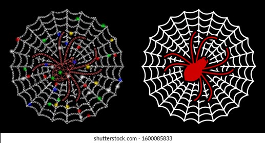 Glossy mesh spider net icon with lightspot effect. Abstract illuminated model of spider net. Shiny wire carcass polygonal mesh spider net icon. Vector abstraction on a black background.