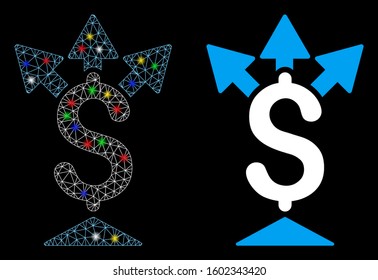Glossy mesh split payment icon with lightspot effect. Abstract illuminated model of split payment. Shiny wire carcass polygonal mesh split payment icon. Vector abstraction on a black background.