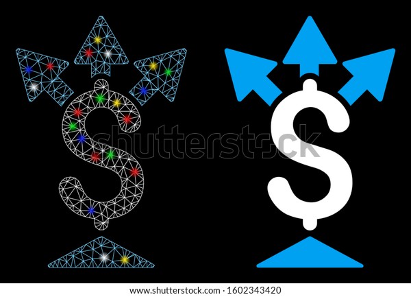 Glossy mesh split payment icon with lightspot\
effect. Abstract illuminated model of split payment. Shiny wire\
carcass polygonal mesh split payment icon. Vector abstraction on a\
black background.