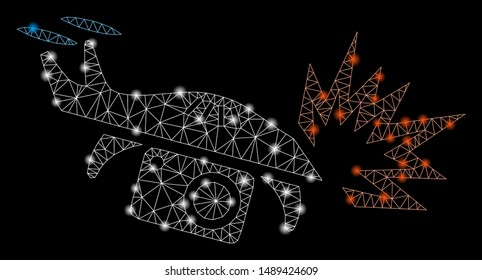 Glossy mesh spy drone explosion with lightspot effect. Abstract illuminated model of spy drone explosion icon. Shiny wire frame polygonal mesh spy drone explosion.