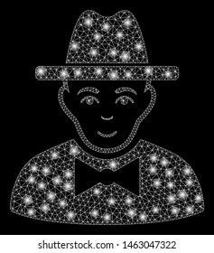 Glossy mesh spy with glow effect. Abstract illuminated model of spy icon. Shiny wire frame triangular mesh spy. Vector abstraction on a black background. Abstract 2d mesh designed with triangles,