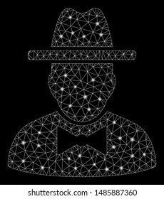 Glossy mesh spy with glow effect. Abstract illuminated model of spy icon. Shiny wire frame polygonal network spy. Vector abstraction on a black background.