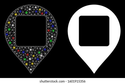 Glossy mesh square hole map marker icon with glare effect. Abstract illuminated model of square hole map marker. Shiny wire frame polygonal mesh square hole map marker icon.