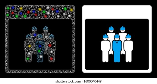 Glossy mesh staff calendar page icon with sparkle effect. Abstract illuminated model of staff calendar page. Shiny wire carcass polygonal mesh staff calendar page icon.
