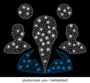 Glossy mesh staff with glitter effect. Abstract illuminated model of staff icon. Shiny wire carcass triangular network staff. Vector abstraction on a black background.