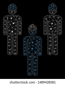 Glossy mesh standing engineer group with sparkle effect. Abstract illuminated model of standing engineer group icon. Shiny wire carcass triangular mesh standing engineer group.
