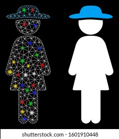 Glossy mesh standing lady icon with lightspot effect. Abstract illuminated model of standing lady. Shiny wire carcass polygonal mesh standing lady icon. Vector abstraction on a black background.