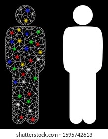 Glossy mesh standing man icon with glow effect. Abstract illuminated model of standing man. Shiny wire carcass polygonal network standing man icon. Vector abstraction on a black background.