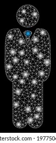 Glossy mesh standing manager with glow effect. Abstract illuminated model of standing manager icon. Shiny wire frame triangular mesh standing manager. Vector abstraction on a black background.