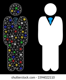 Glossy mesh standing manager icon with glare effect. Abstract illuminated model of standing manager. Shiny wire frame triangular mesh standing manager icon. Vector abstraction on a black background.