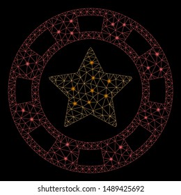 Glossy mesh star casino chip with glare effect. Abstract illuminated model of star casino chip icon. Shiny wire frame triangular network star casino chip. Vector abstraction on a black background.