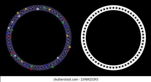 Glossy mesh star circle frame icon with glow effect. Abstract illuminated model of star circle frame. Shiny wire carcass polygonal mesh star circle frame icon.