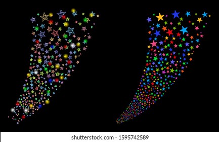 Glossy mesh star fountain icon with lightspot effect. Abstract illuminated model of star fountain. Shiny wire carcass triangular network star fountain icon. Vector abstraction on a black background.
