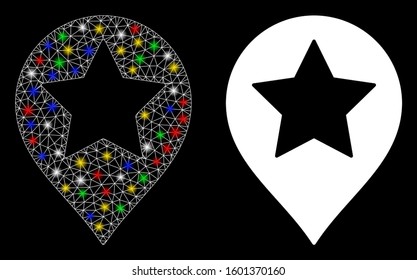 Glossy mesh star map marker icon with sparkle effect. Abstract illuminated model of star map marker. Shiny wire frame triangular mesh star map marker icon. Vector abstraction on a black background.