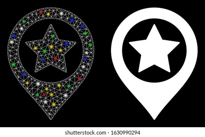 Glossy mesh star map marker icon with sparkle effect. Abstract illuminated model of star map marker. Shiny wire frame polygonal mesh star map marker icon. Vector abstraction on a black background.
