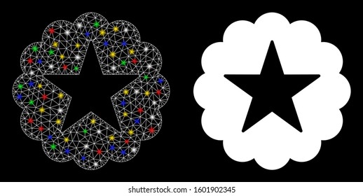 Glossy mesh star quality sticker icon with glow effect. Abstract illuminated model of star quality sticker. Shiny wire carcass polygonal mesh star quality sticker icon.