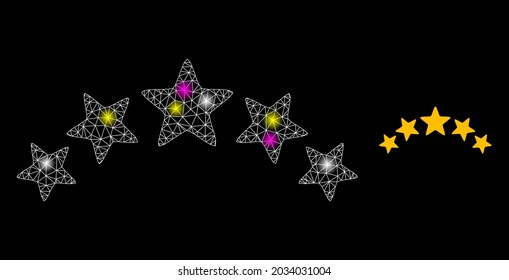 Glossy mesh star rating constellation icon with lightspots. Illuminated vector constellation is created from star rating glyph. Sparkle carcass mesh star rating on a black background.
