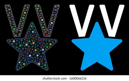 Glossy mesh star victory award icon with glitter effect. Abstract illuminated model of star victory award. Shiny wire carcass polygonal mesh star victory award icon.