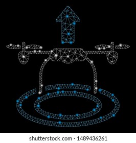 Glossy mesh start drone with glow effect. Abstract illuminated model of start drone icon. Shiny wire carcass triangular mesh start drone. Vector abstraction on a black background.