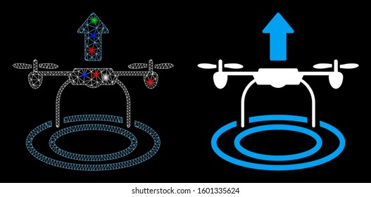 Glossy mesh start drone icon with sparkle effect. Abstract illuminated model of start drone. Shiny wire carcass polygonal network start drone icon. Vector abstraction on a black background.