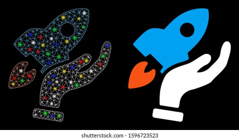 Glossy mesh startup icon with sparkle effect. Abstract illuminated model of startup. Shiny wire carcass polygonal network startup icon. Vector abstraction on a black background.