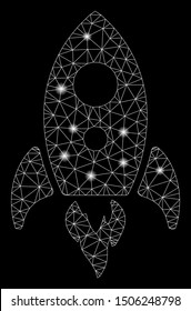 Glossy mesh startup rocket with glare effect. Abstract illuminated model of startup rocket icon. Shiny wire carcass triangular mesh startup rocket. Vector abstraction on a black background.