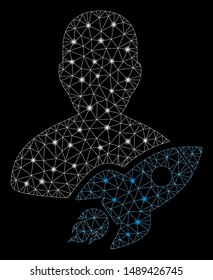 Glossy mesh startuper with lightspot effect. Abstract illuminated model of startuper icon. Shiny wire frame polygonal mesh startuper. Vector abstraction on a black background.