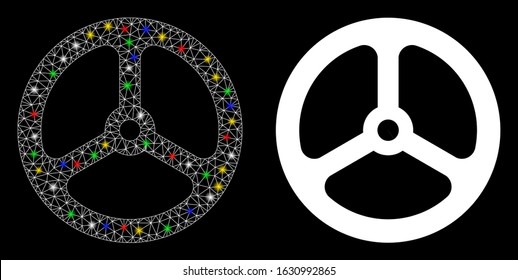 Glossy mesh steering wheel icon with glare effect. Abstract illuminated model of steering wheel. Shiny wire frame triangular mesh steering wheel icon. Vector abstraction on a black background.