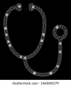Glossy mesh stethoscope with glow effect. Abstract illuminated model of stethoscope icon. Shiny wire carcass polygonal mesh stethoscope. Vector abstraction on a black background.