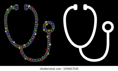 Glossy mesh stethoscope icon with glow effect. Abstract illuminated model of stethoscope. Shiny wire frame triangular mesh stethoscope icon. Vector abstraction on a black background.