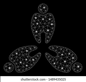 Glossy mesh stomatology with lightspot effect. Abstract illuminated model of stomatology icon. Shiny wire carcass triangular network stomatology. Vector abstraction on a black background.