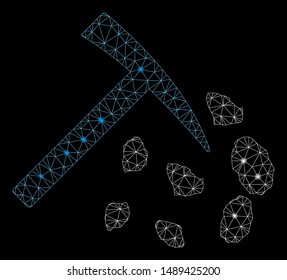 Glossy mesh stone mining hammer with lightspot effect. Abstract illuminated model of stone mining hammer icon. Shiny wire carcass polygonal mesh stone mining hammer.