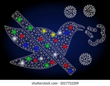 Glossy mesh stop bird flu with sparkle effect. Abstract illuminated vector model of stop bird flu icon on a dark blue gradiented background. White wire frame polygonal mesh stop bird flu.