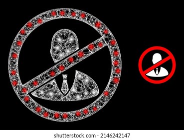 Glossy mesh stop boss with glowing spots. Wire frame 2D network generated with crossing white lines and stop boss icon. White mesh and sparkle frame mesh stop boss on a black background.