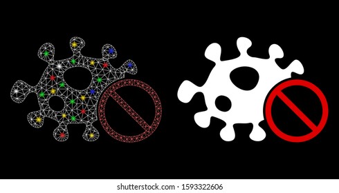 Glossy mesh stop infection icon with glare effect. Abstract illuminated model of stop infection. Shiny wire frame polygonal mesh stop infection icon. Vector abstraction on a black background.