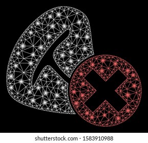 Glossy mesh stop meat eating with glare effect. Abstract illuminated model of stop meat eating icon. Shiny wire frame polygonal mesh stop meat eating. Vector abstraction on a black background.