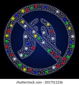 Glossy mesh stop praying hands with glitter effect. Abstract illuminated vector model of stop praying hands icon on a dark blue gradiented background.