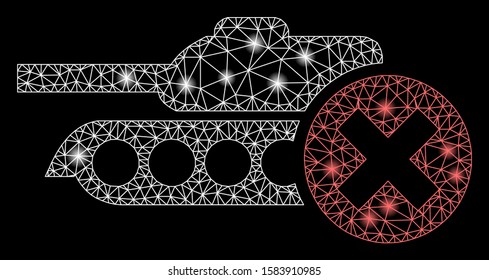Glossy mesh stop tanks with glare effect. Abstract illuminated model of stop tanks icon. Shiny wire frame polygonal network stop tanks. Vector abstraction on a black background.