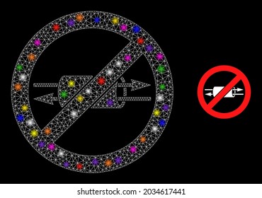 Glossy-Mesh Stopp VPN Glare Symbol mit Leuchtpunkten. Illuminiertes Vektormodell basierend auf Stopp VPN-Symbol. Sparkasse Maschen Stopp VPN auf schwarzem Hintergrund. Lineares 2D-Netzwerk im Vektorformat.