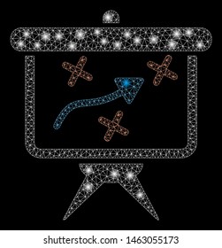 Glossy mesh strategy with glow effect. Abstract illuminated model of strategy icon. Shiny wire frame polygonal mesh strategy. Vector abstraction on a black background.
