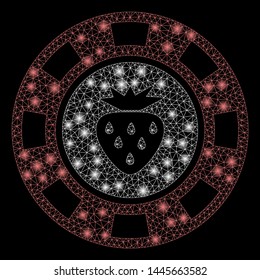 Glossy mesh strawberry casino chip with glow effect. Abstract illuminated model of strawberry casino chip icon. Shiny wire carcass triangular mesh strawberry casino chip.