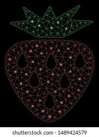Glossy mesh strawberry with glow effect. Abstract illuminated model of strawberry icon. Shiny wire frame triangular network strawberry. Vector abstraction on a black background.