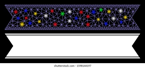 Glossy mesh striped ribbon icon with lightspot effect. Abstract illuminated model of striped ribbon. Shiny wire frame triangular mesh striped ribbon icon. Vector abstraction on a black background.