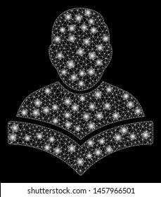 Glossy mesh student with glow effect. Abstract illuminated model of student icon. Shiny wire carcass polygonal mesh student. Vector abstraction on a black background.