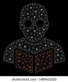 Glossy mesh student reading book with lightspot effect. Abstract illuminated model of student reading book icon. Shiny wire frame polygonal mesh student reading book.