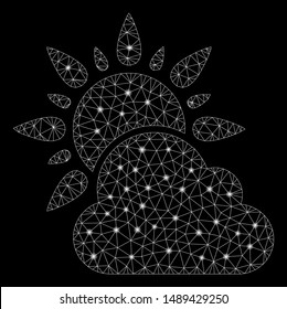 Glossy mesh sun and cloud weather with glitter effect. Abstract illuminated model of sun and cloud weather icon. Shiny wire frame polygonal mesh sun and cloud weather.