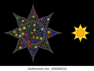 Glossy mesh sun constellation icon with light spots. Illuminated vector constellation is created from sun icon. Sparkle frame polygonal sun on a black background. Wire frame 2D mesh in vector format.