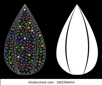Glossy mesh sunflower seed icon with glow effect. Abstract illuminated model of sunflower seed. Shiny wire carcass triangular mesh sunflower seed icon. Vector abstraction on a black background.