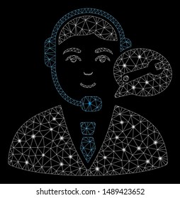 Glossy mesh support center manager with lightspot effect. Abstract illuminated model of support center manager icon. Shiny wire carcass triangular network support center manager.