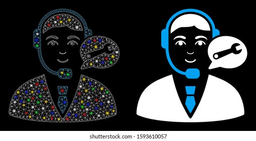Glossy mesh support center manager icon with glare effect. Abstract illuminated model of support center manager. Shiny wire frame polygonal mesh support center manager icon.